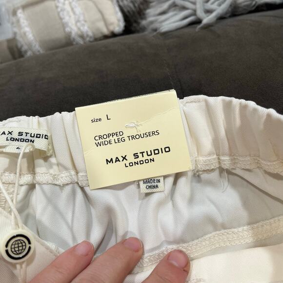 Max Studio London Wide Leg Pants L Ivory NWT Cropped High Rise Elastic Back - Picture 7 of 11